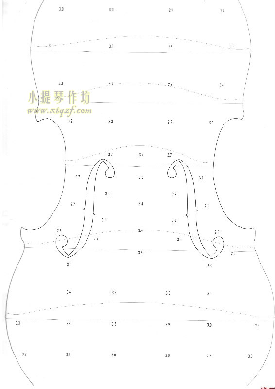 瓜尔内里 1742小提琴 面板,背板,琴头尺寸表